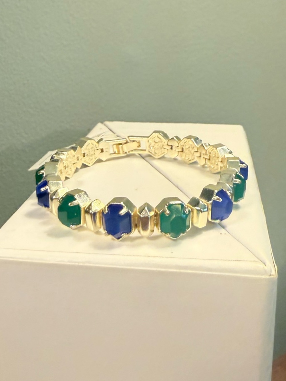NWT Rare Kendra Scott Gold Bracelet with Blue and Green Stones - Picture 2 of 7